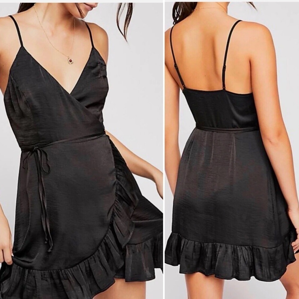 Free People All My Love Wrap Shine Mini Dress In Black Satin XS